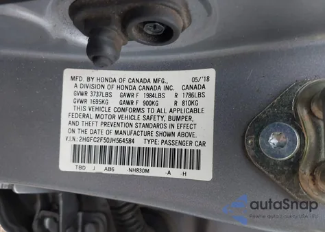 2018 Honda Civic Lx из США, поврежденный, VIN 2HGFC2F50JH564584